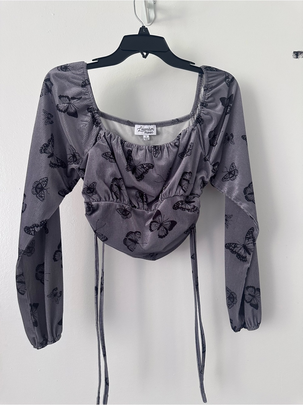 Lavender Moon Gray Butterfly Long-Sleeve Ruched Crop Top